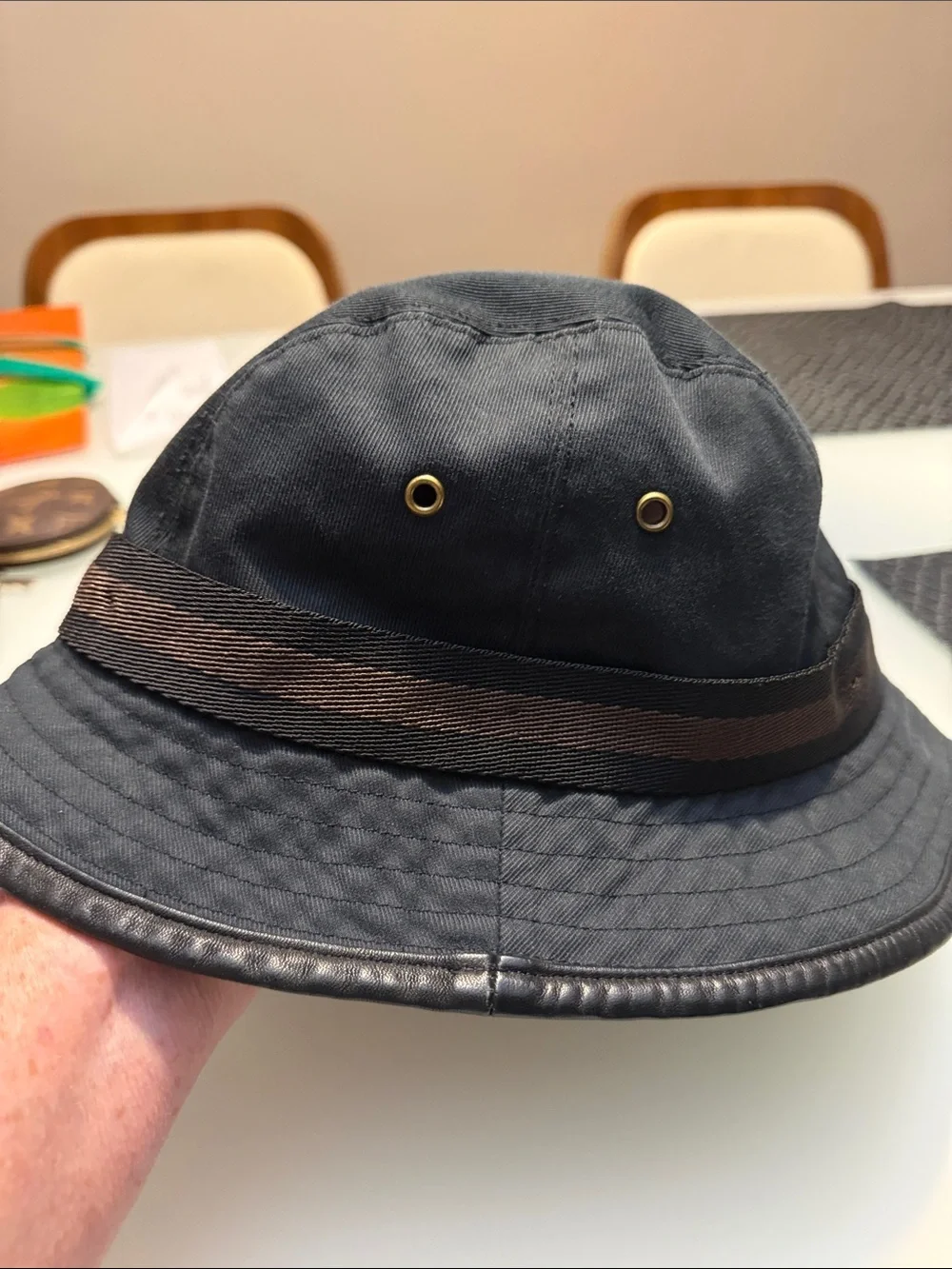 Gucci Black Bucket Hat with Brown Web Trim and Gold Plaque